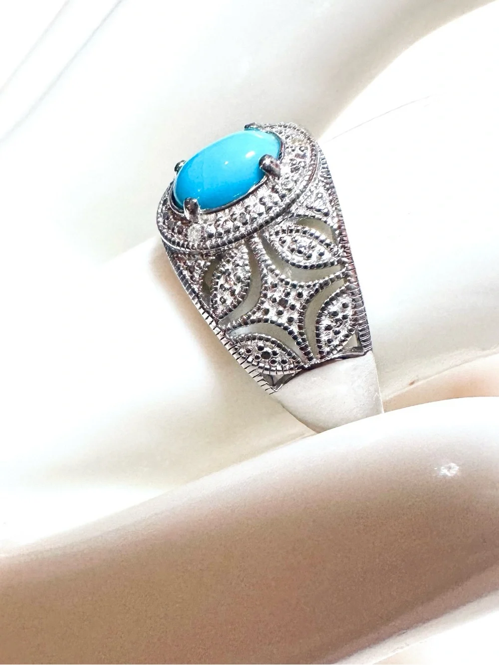 Blue Sleeping Beauty Turquoise Rhodium Over Sterling Silver Halo Ring 0.03ctw
